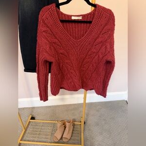 Anthropologie Alpaca Blend Chunky Cable Knit Sweater Raspberry Color Boho XS
